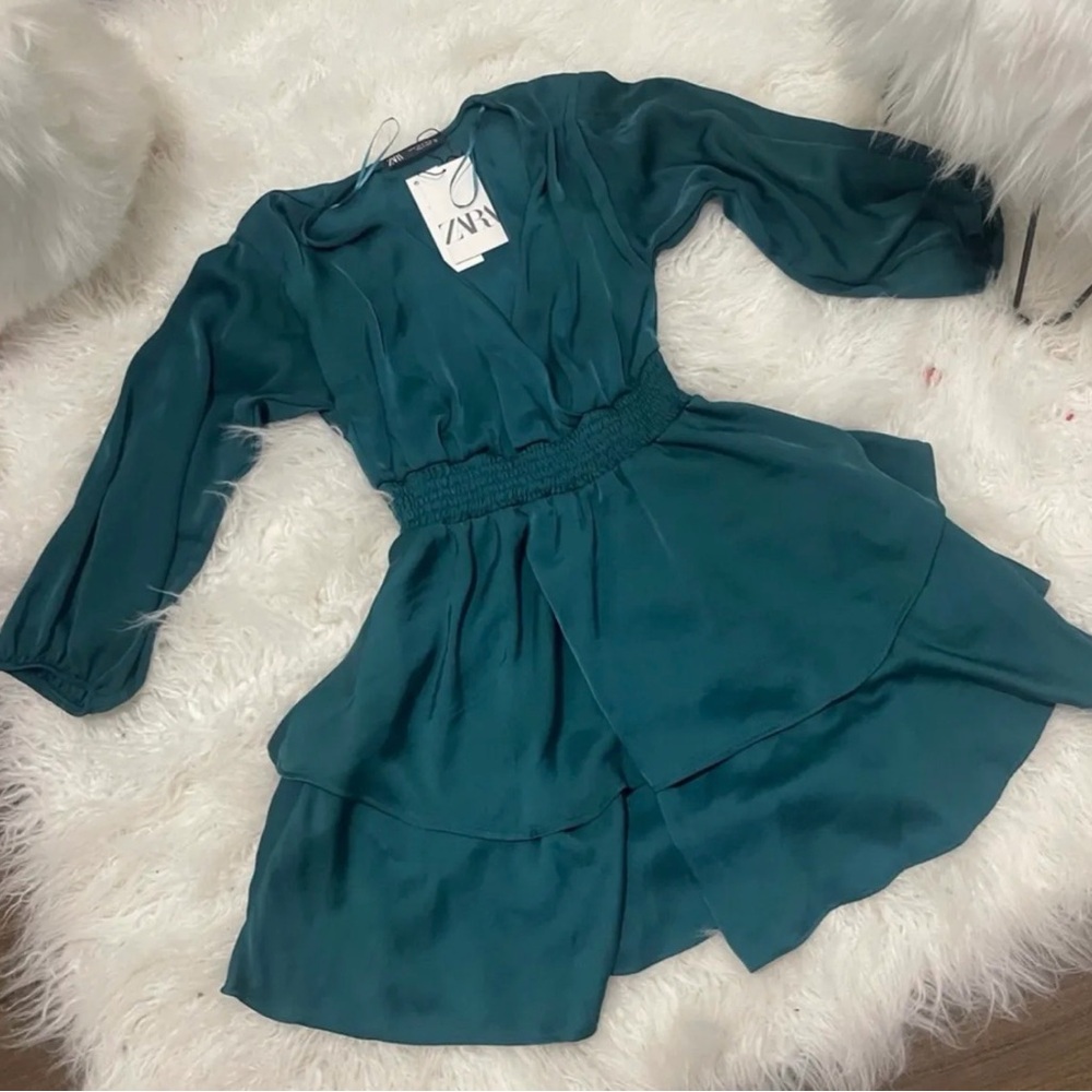 ZARA Teal Layered V-Neck Balloon Sleeve Mini Dress Size XS
